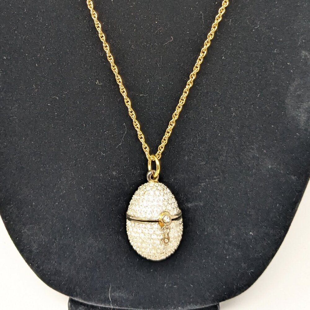 Vintage Pave Crystal Rhinestone EGG Pendant Necklace 29” Chain AVON Opens